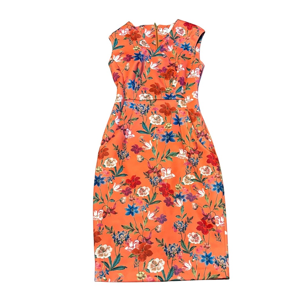 Calvin Klein Orange Floral Midi Sheath Dress Sleeveless V-Neck Size 2